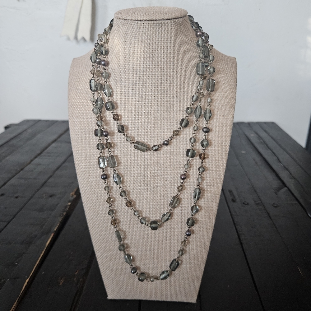 American Eagle Gray and Blue Glass Beaded Necklace Long Layering Neutral Jewelry